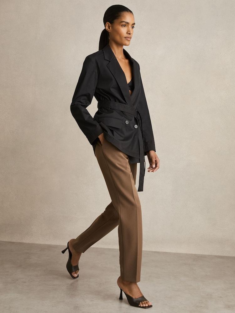 reiss Cotton Blend Double Breasted Belted Jacket in Black