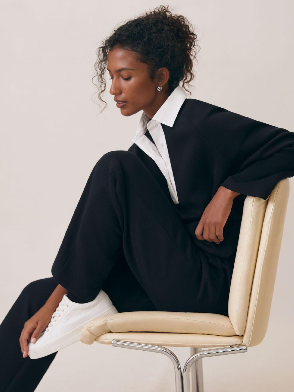 Reiss Cotton Blend Interlock Wide Leg Joggers In Black/White