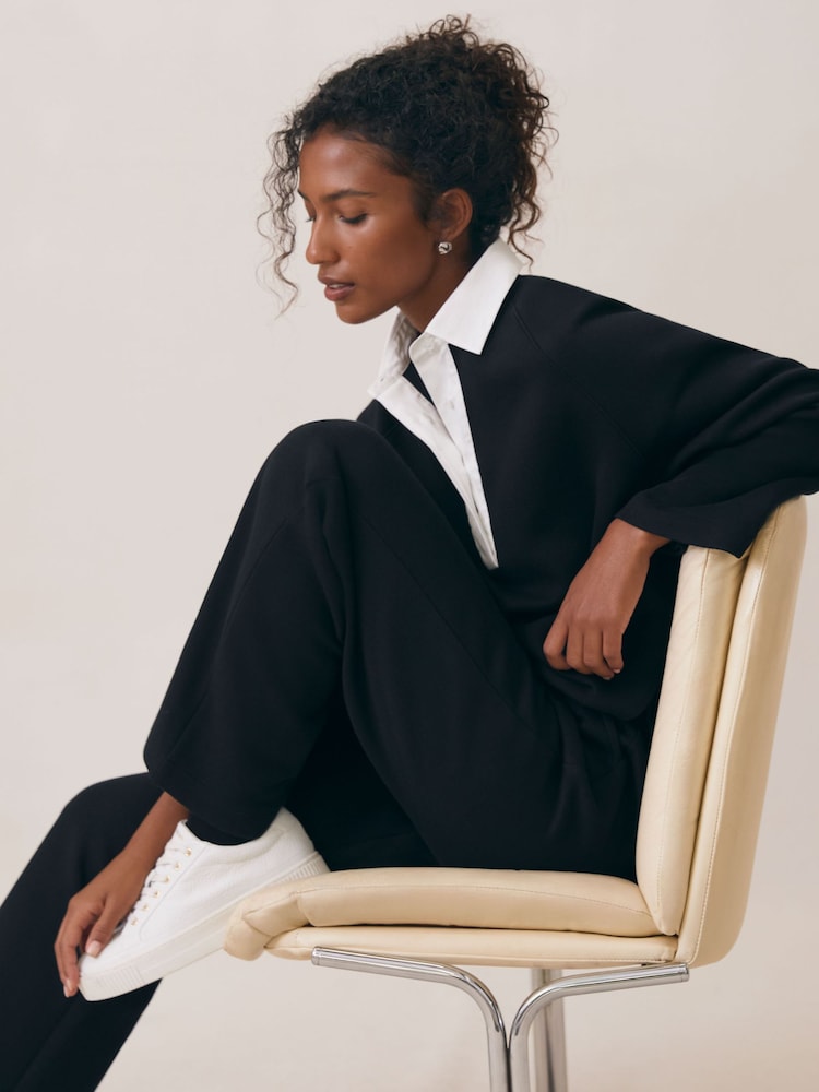 reiss Cotton Blend Interlock Wide Leg Joggers in Black/White