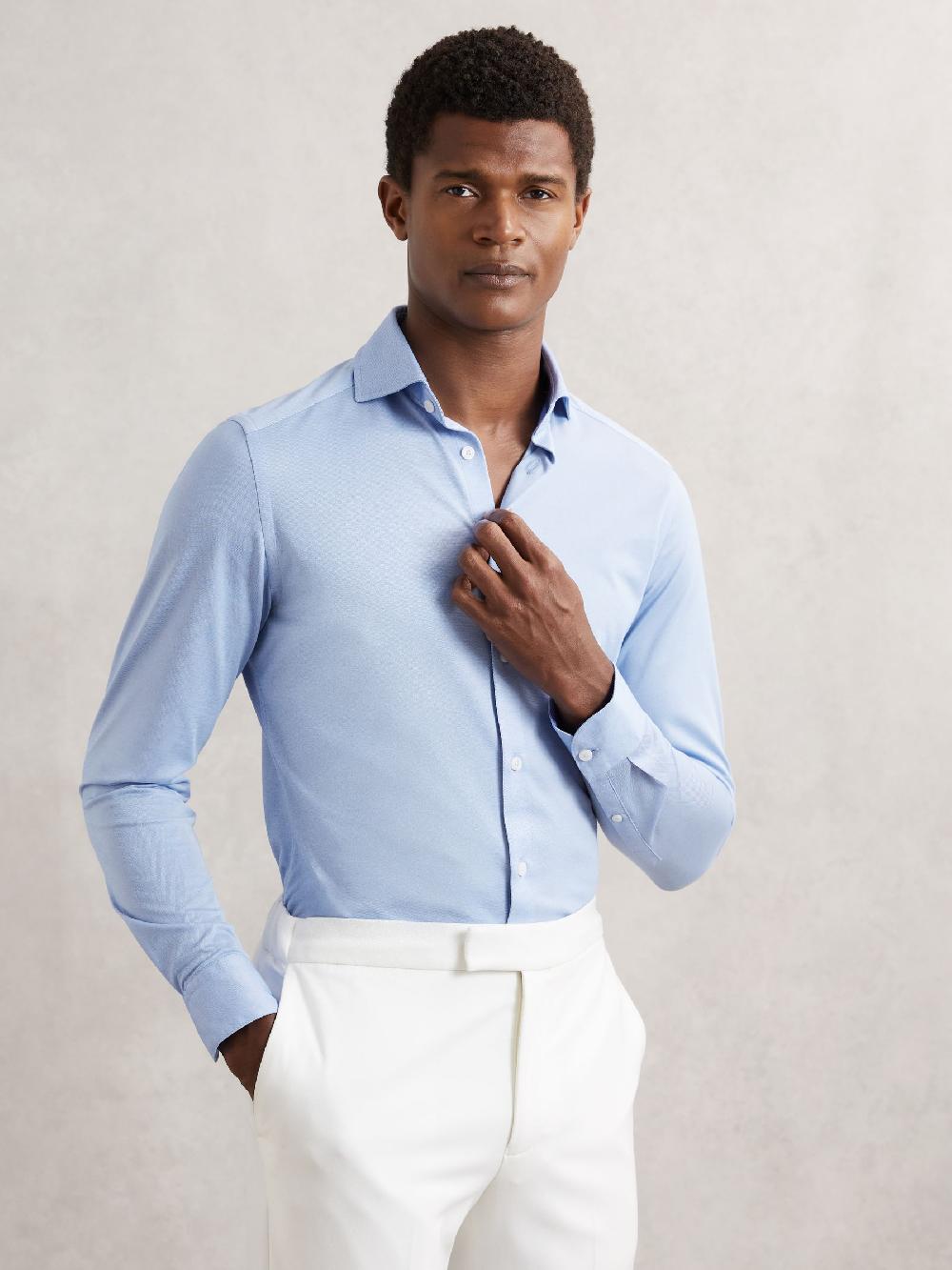 Reiss Cotton-Blend Jersey Cutaway-Collar Shirt Slim-Fit In Soft Blue