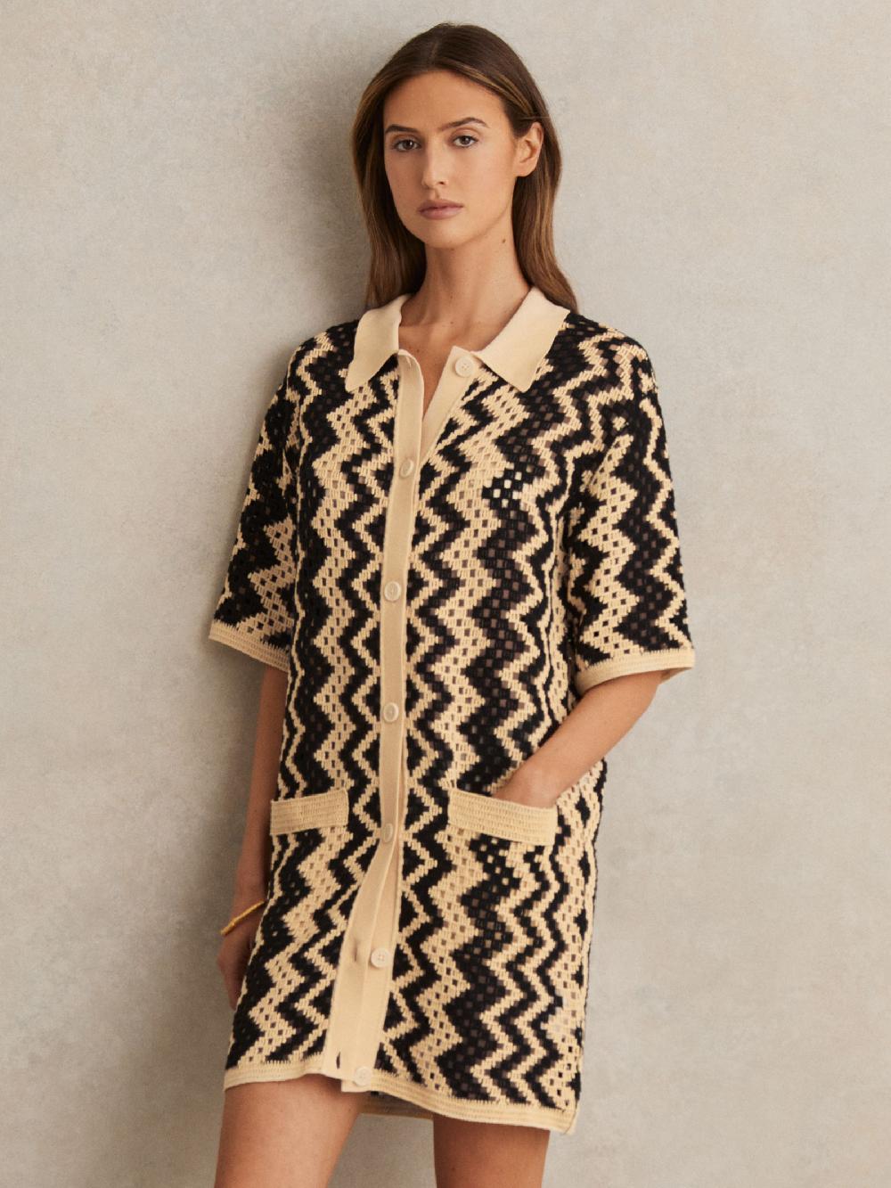 Reiss Cotton Blend Patterned Crochet Dress In Black/Cream