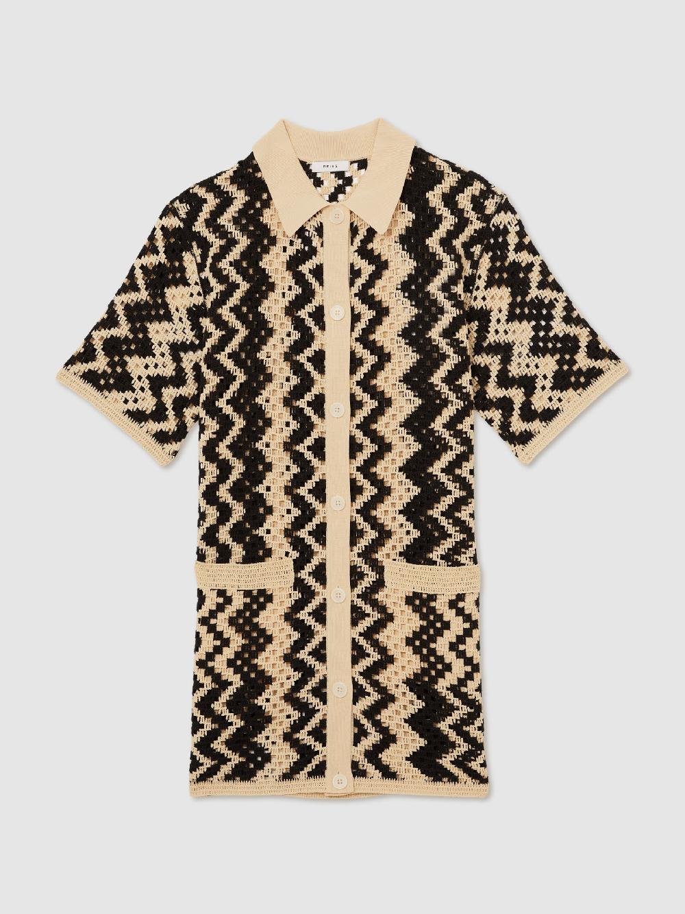 Reiss Cotton Blend Patterned Crochet Dress In Black/Cream
