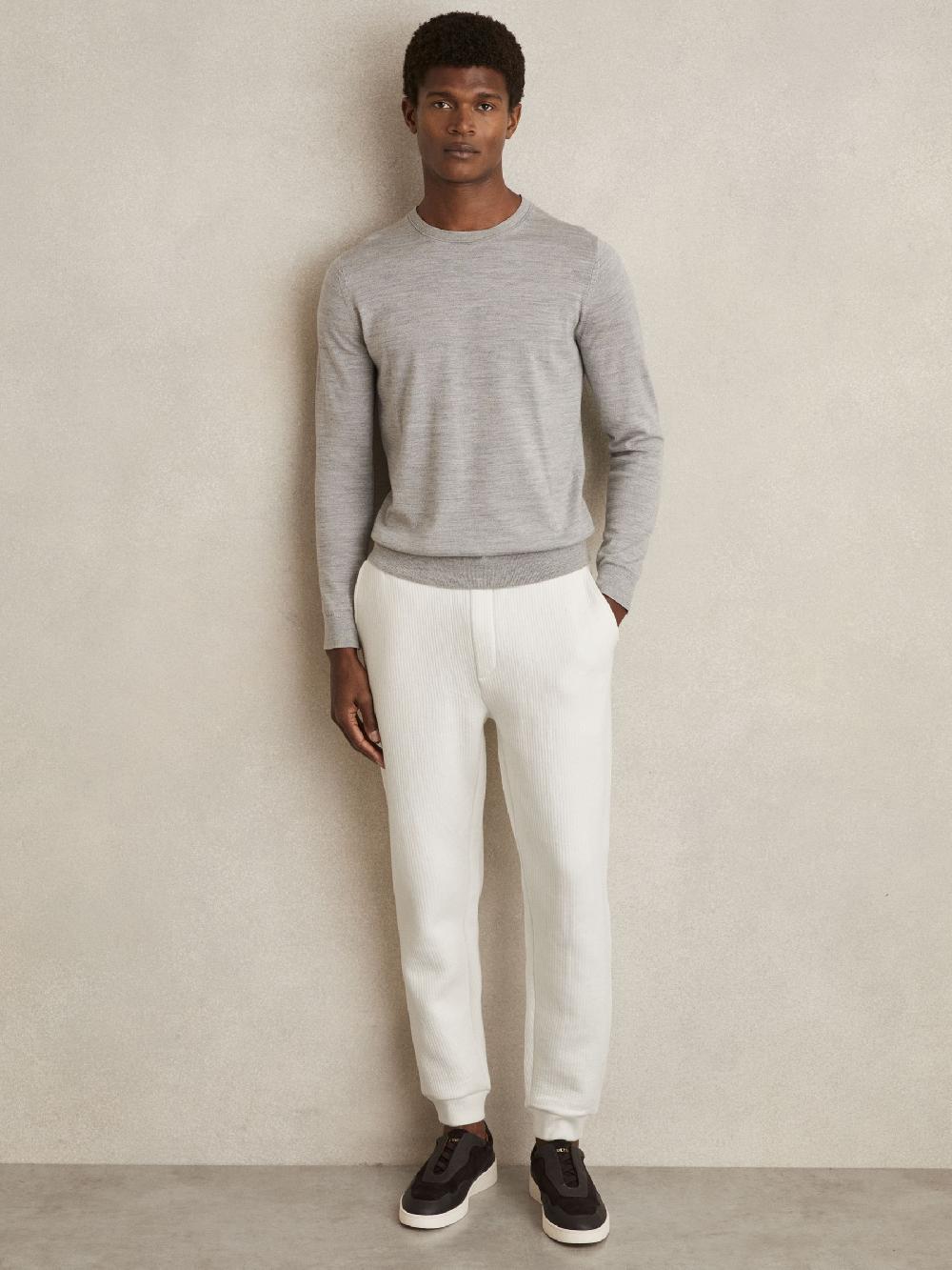Reiss Cotton-Blend Ribbed Drawstring Joggers In White