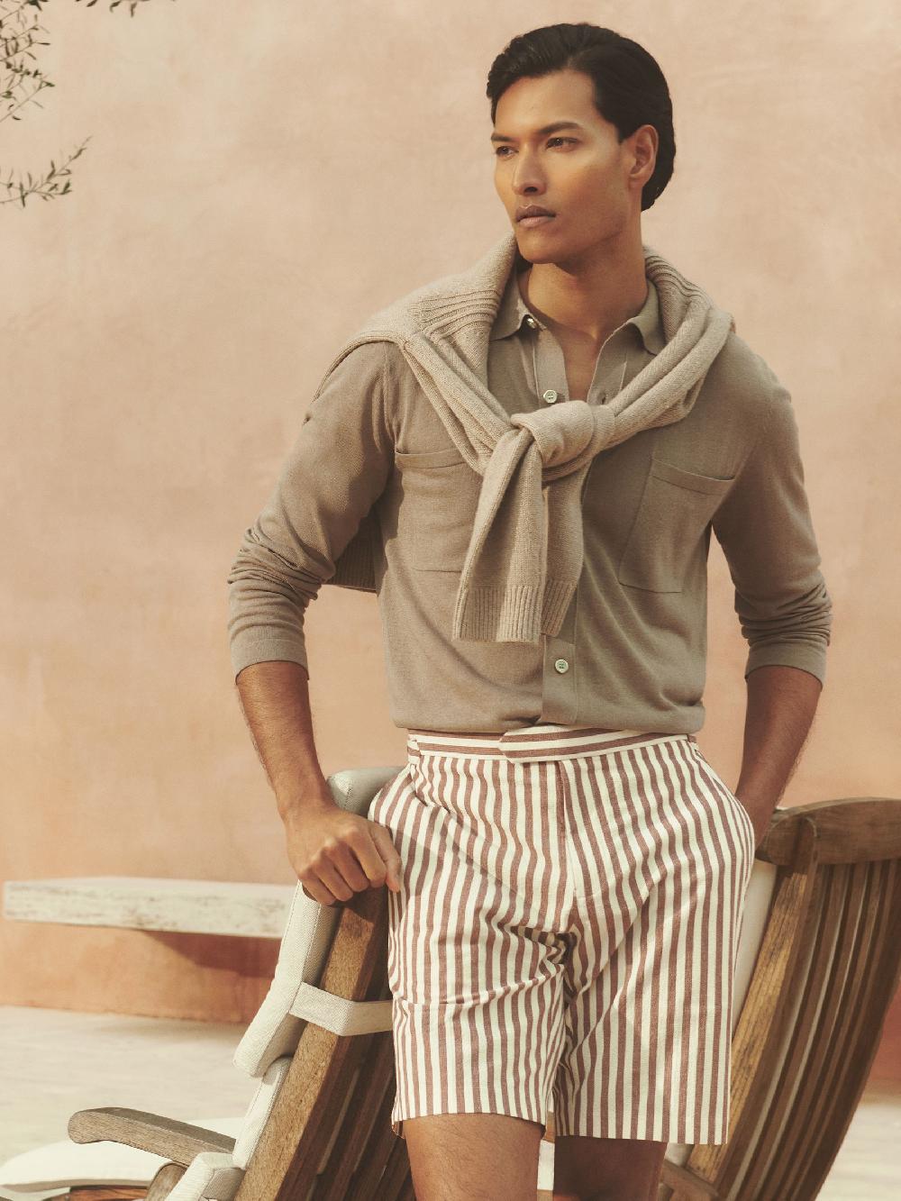 Reiss Cotton Blend Seersucker Stripe Shorts In Off White/Mocha