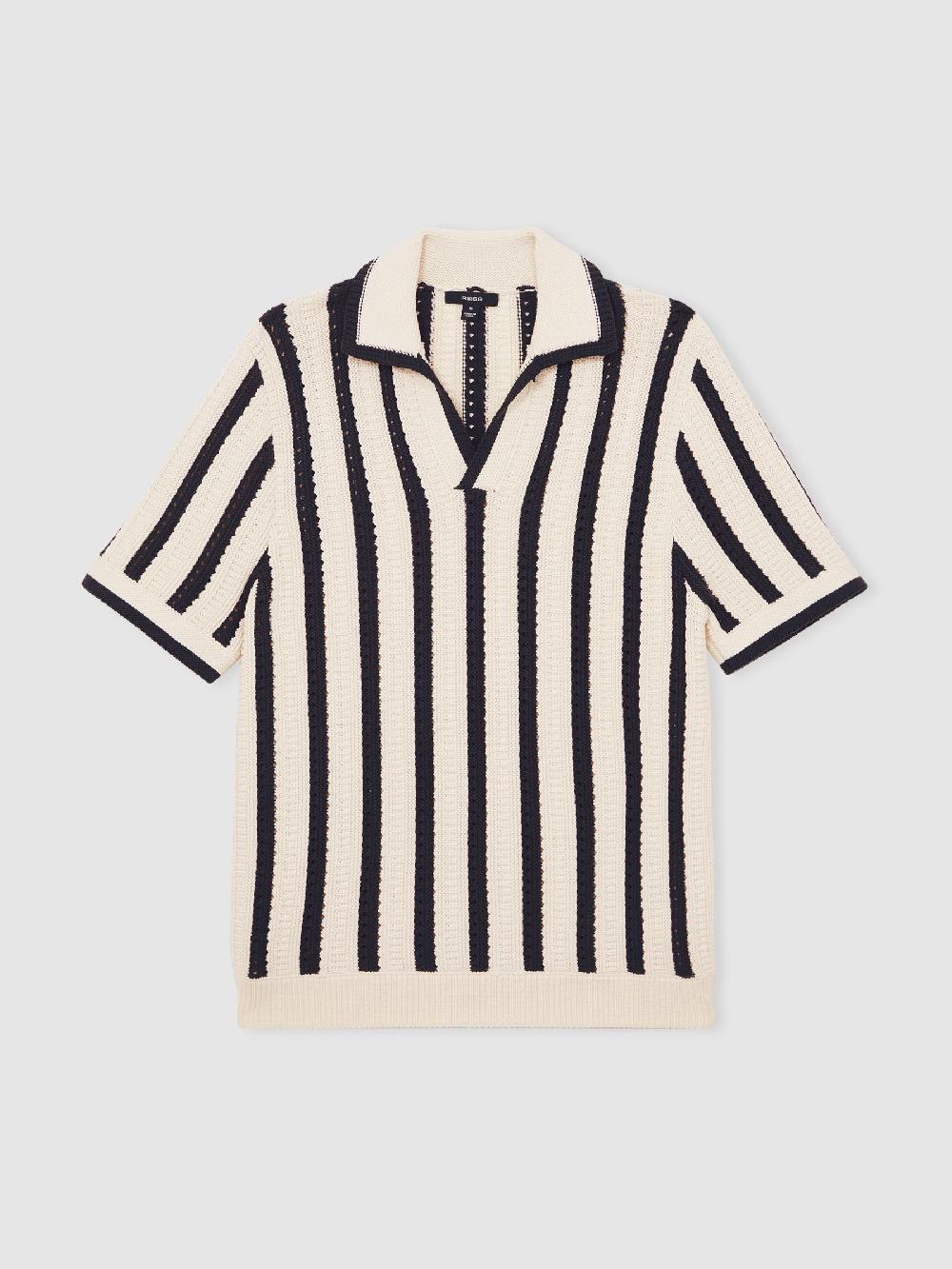 Reiss Cotton Blend Stripe Knit Polo Shirt In Off White/Navy