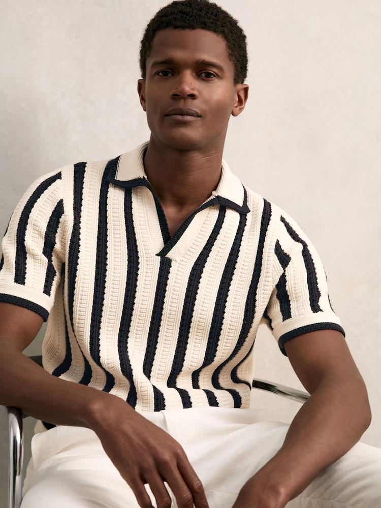 reiss Cotton Blend Stripe Knit Polo Shirt in Off White/Navy