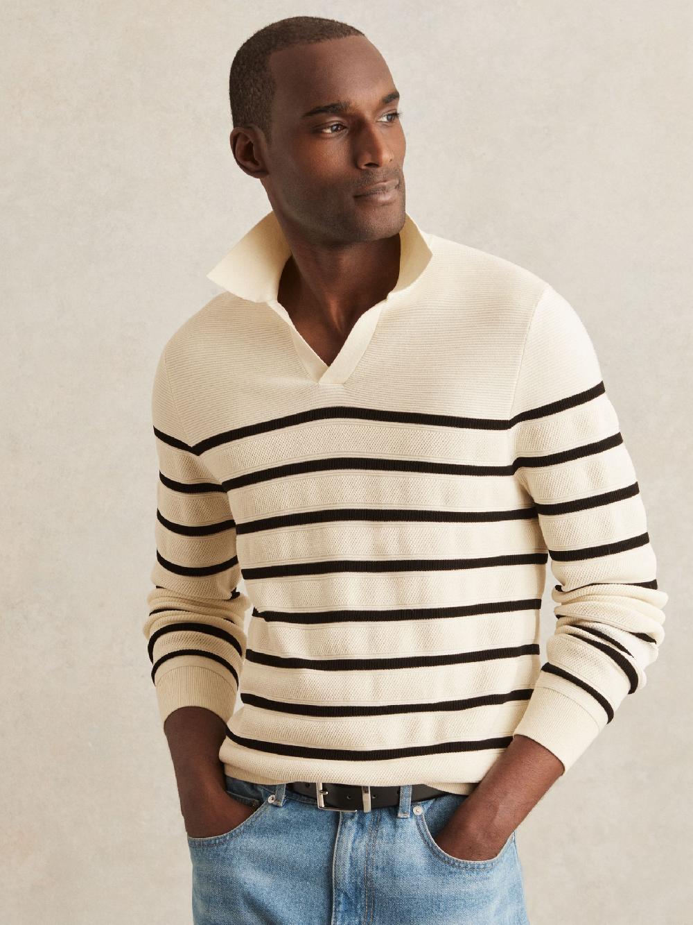 Reiss Cotton Blend Stripe Knit Polo Shirt In Warm Stone/Black