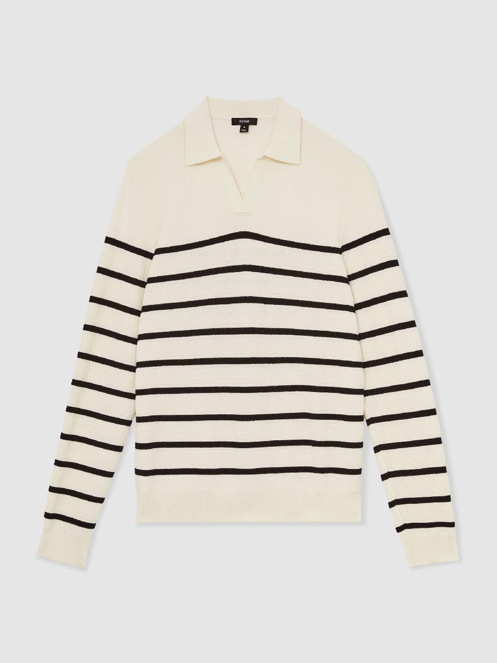 Reiss Cotton Blend Stripe Knit Polo Shirt In Warm Stone/Black