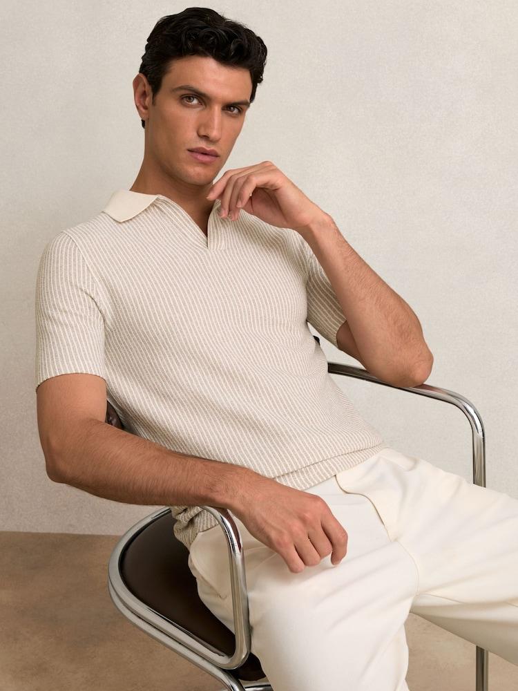 reiss Cotton-Blend Stripe Polo Shirt in Ecru/Taupe Brown