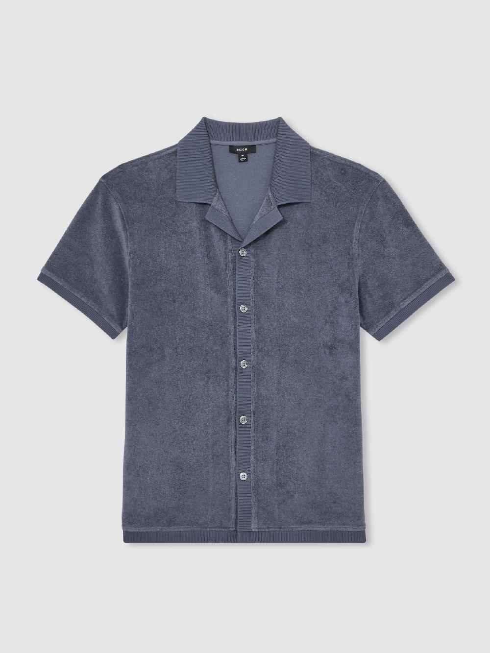 Reiss Cotton Blend Towelling Shirt In Airforce Blue