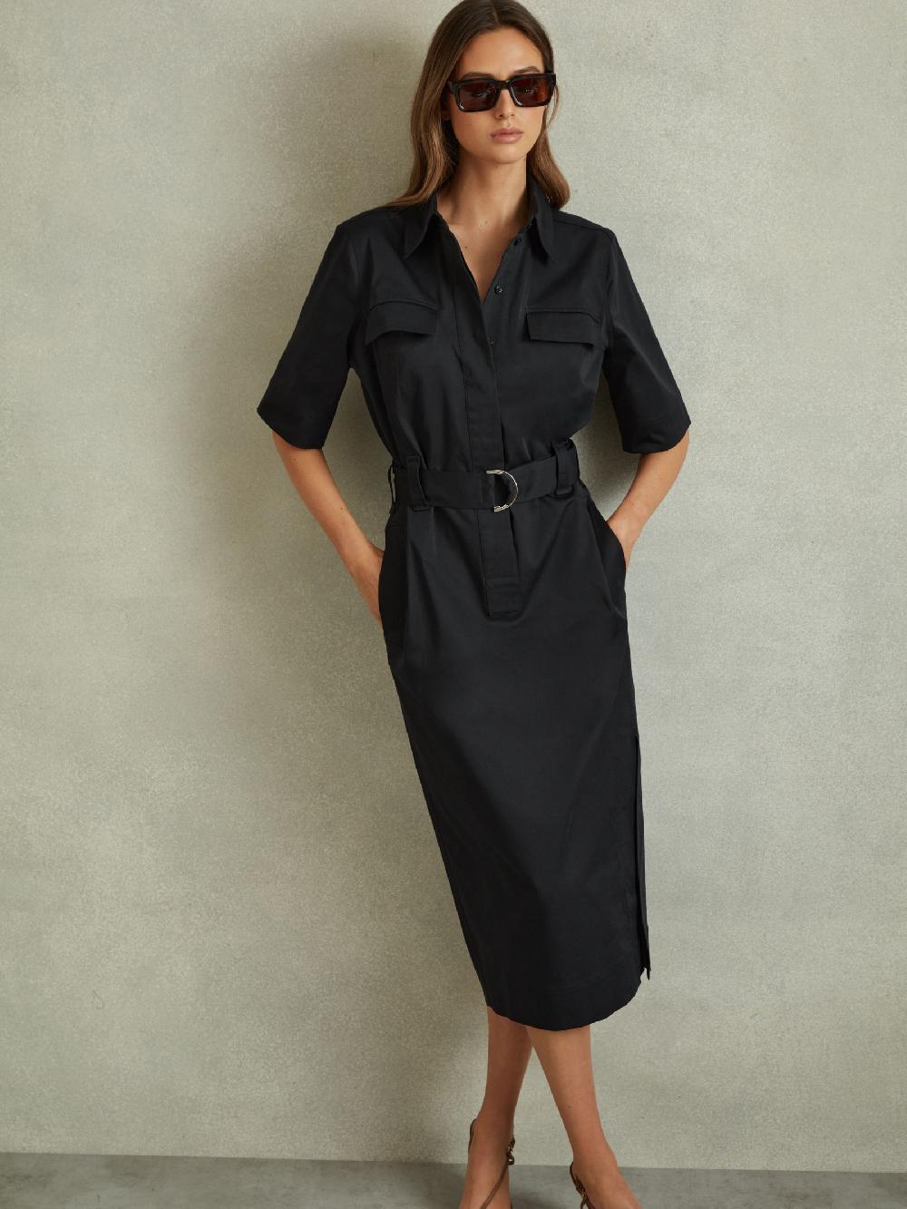 Reiss Cotton Blend Utility Belted Midi Dress In Black