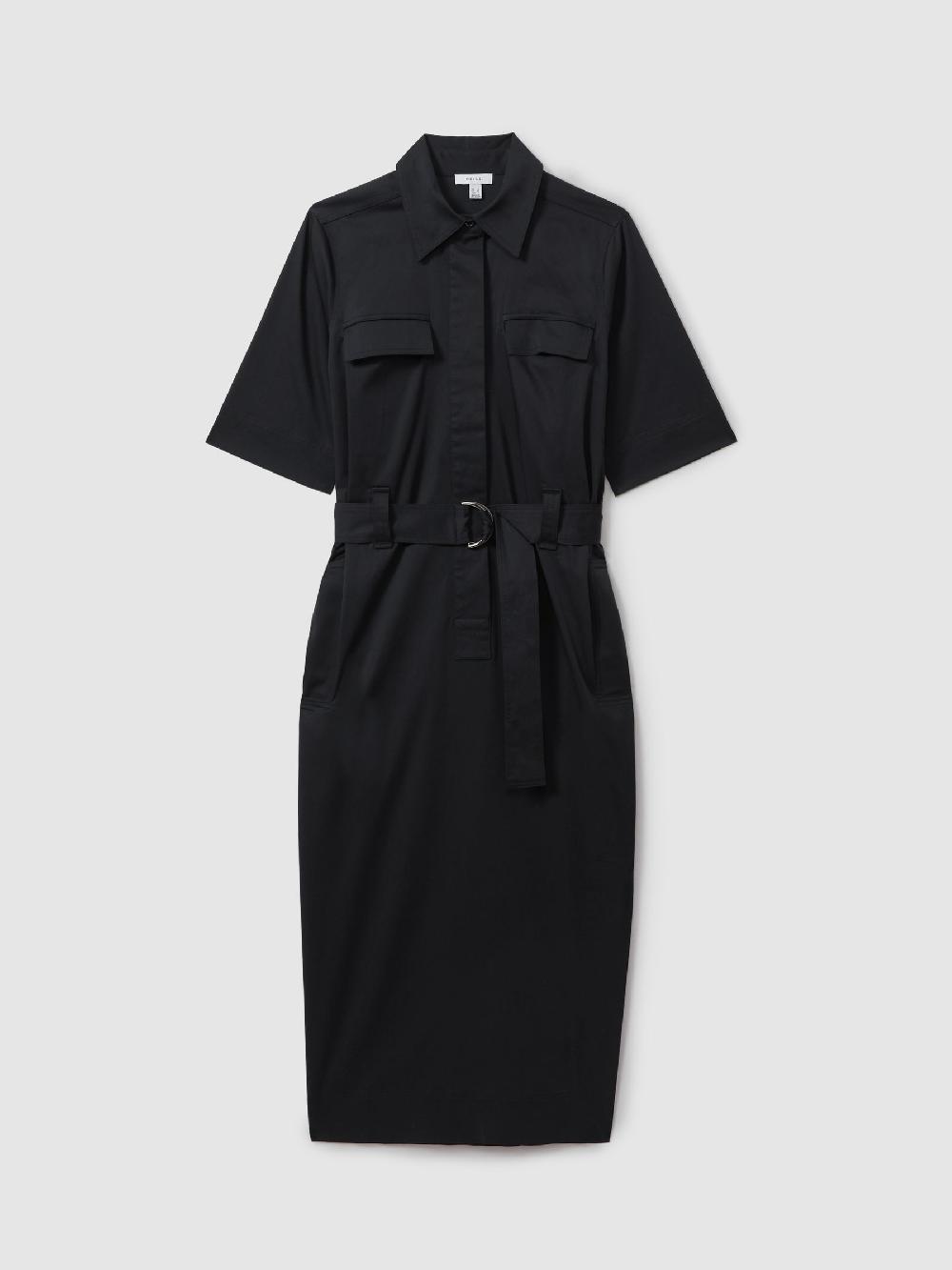 Reiss Cotton Blend Utility Belted Midi Dress In Black