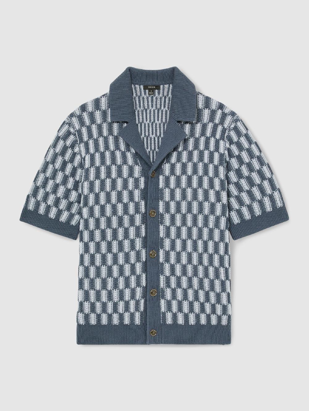 Reiss Cotton Checkerboard-Knit Shirt In Airforce Blue/Soft Blue