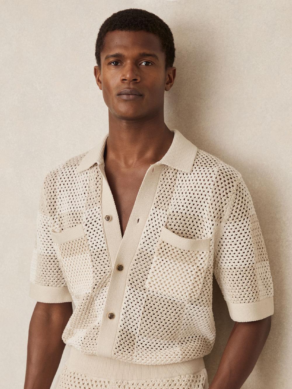 Reiss Cotton Chequerboard Crochet Shirt In Taupe/Off White