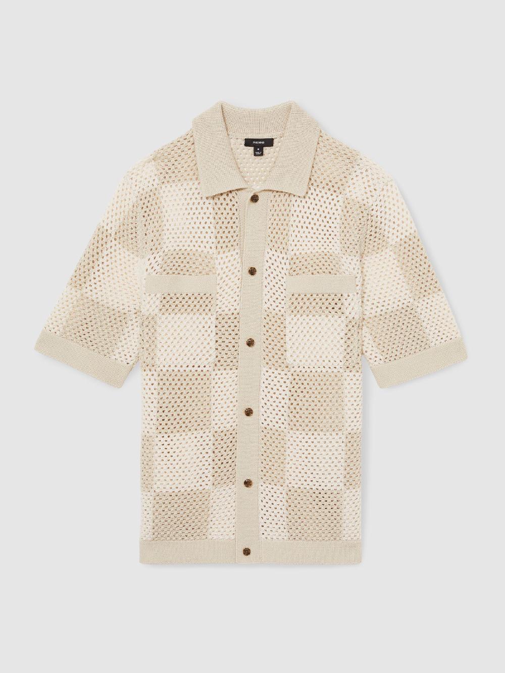 Reiss Cotton Chequerboard Crochet Shirt In Taupe/Off White