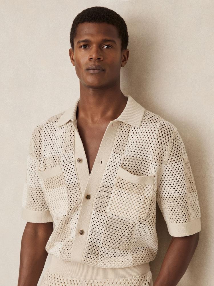 reiss Cotton Chequerboard Crochet Shirt in Taupe/Off White