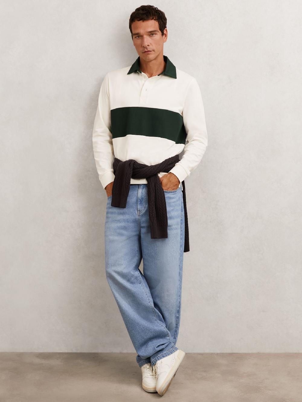 Reiss Cotton Colour-Block Rugby Shirt In White/Green