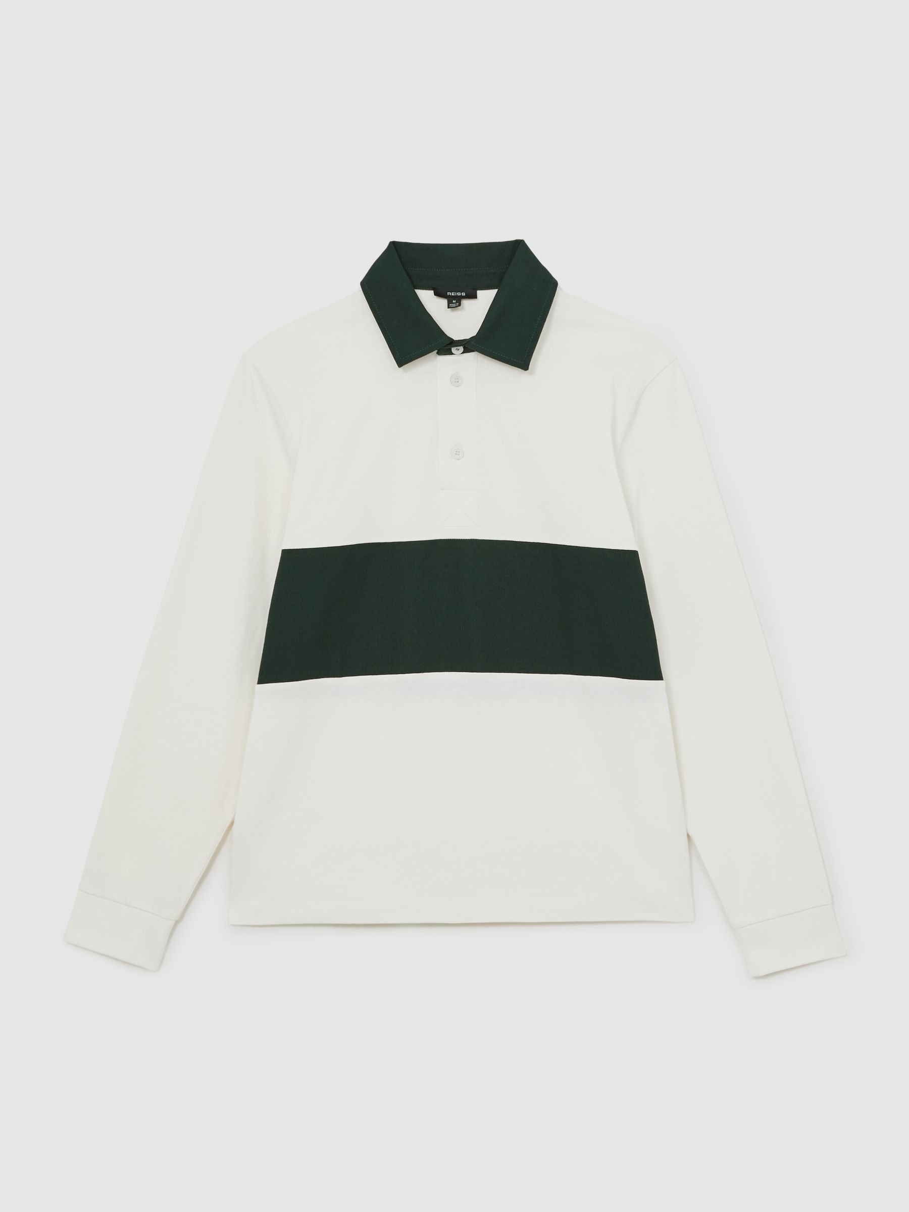 Reiss Cotton Colour-Block Rugby Shirt In White/Green