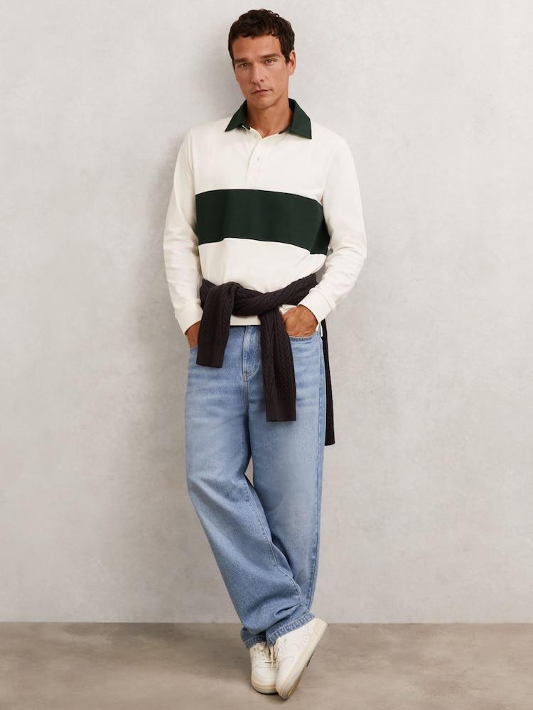 reiss Cotton Colour-Block Rugby Shirt in White/Green