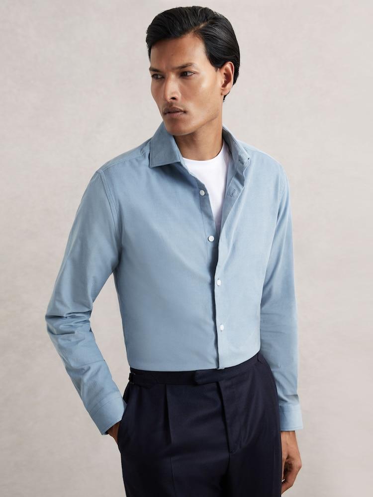 reiss Cotton Corduroy Cutaway-Collar Shirt in Airforce Blue