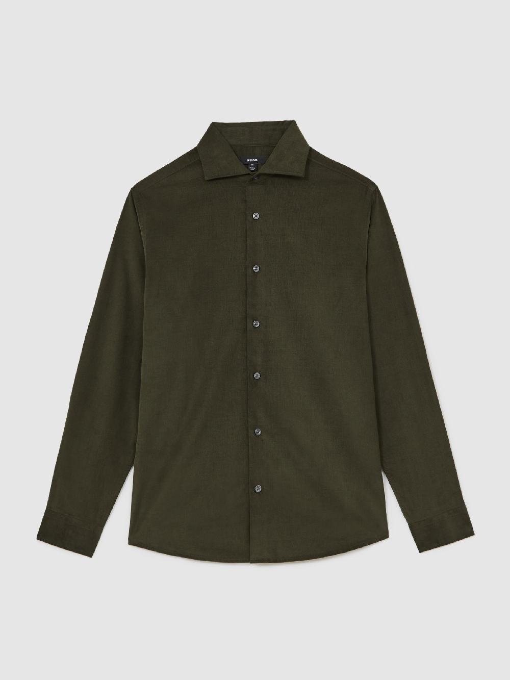 Reiss Cotton Corduroy Cutaway-Collar Shirt In Dark Green
