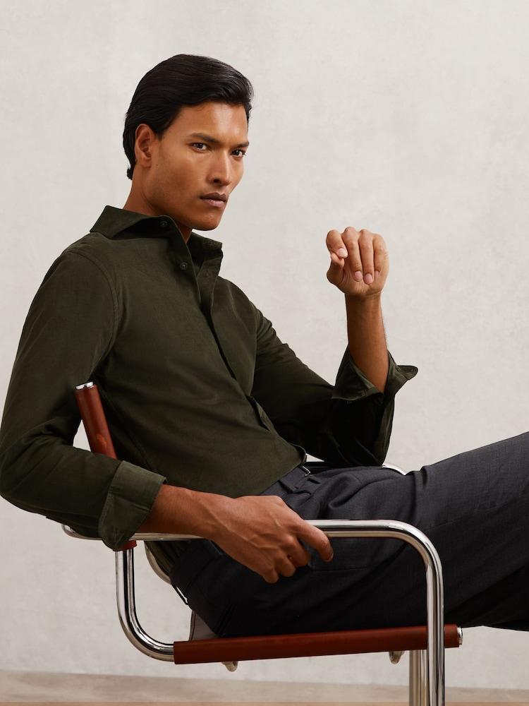 reiss Cotton Corduroy Cutaway-Collar Shirt in Dark Green
