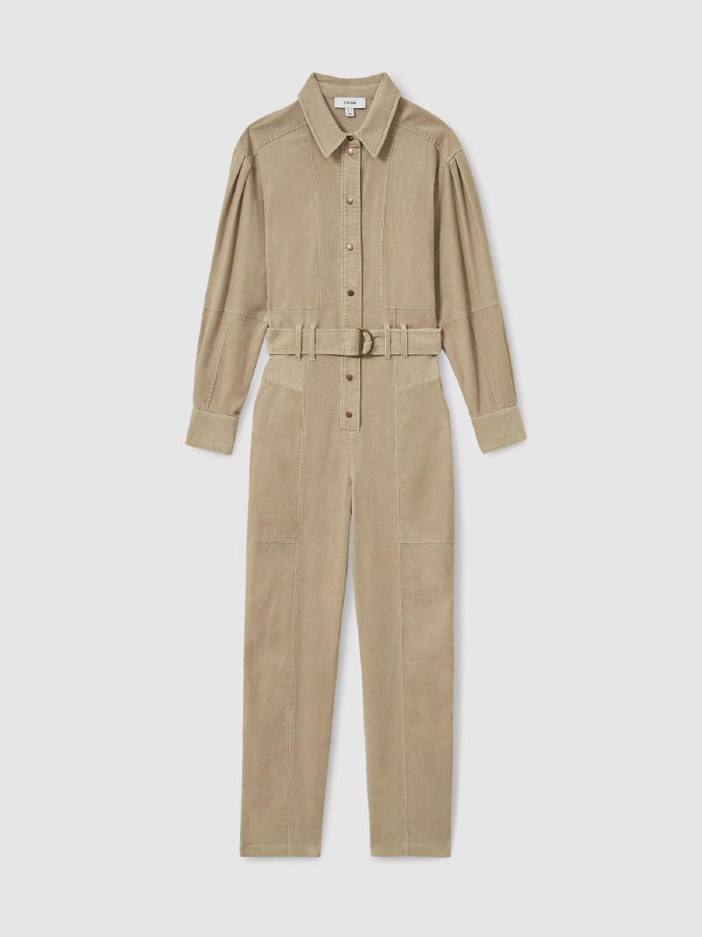 Reiss Cotton Corduroy Tapered Jumpsuit With Stretch In Neutral