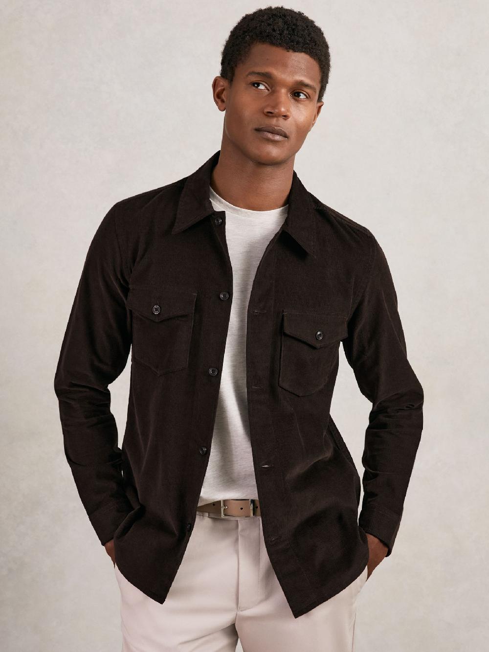 Reiss Cotton Corduroy Twin-Pocket Overshirt In Brown