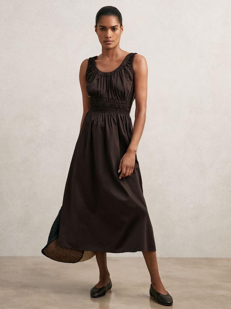 reiss Cotton Craft-Stitch Shirred Midi Dress in Brown