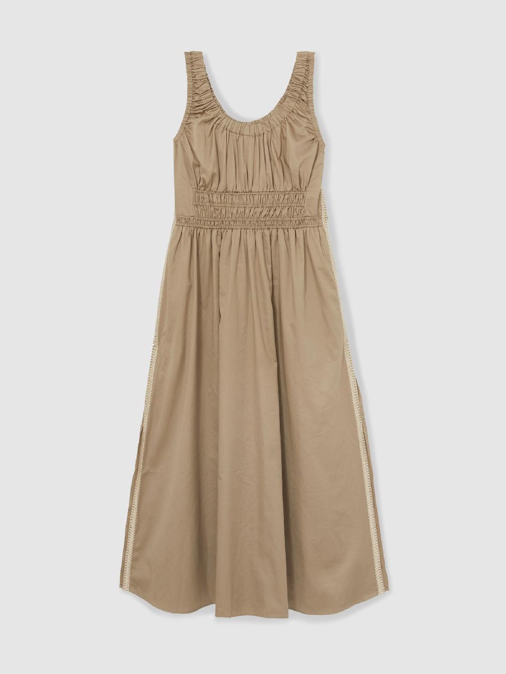 Reiss Cotton Craft-Stitch Shirred Midi Dress In Khaki
