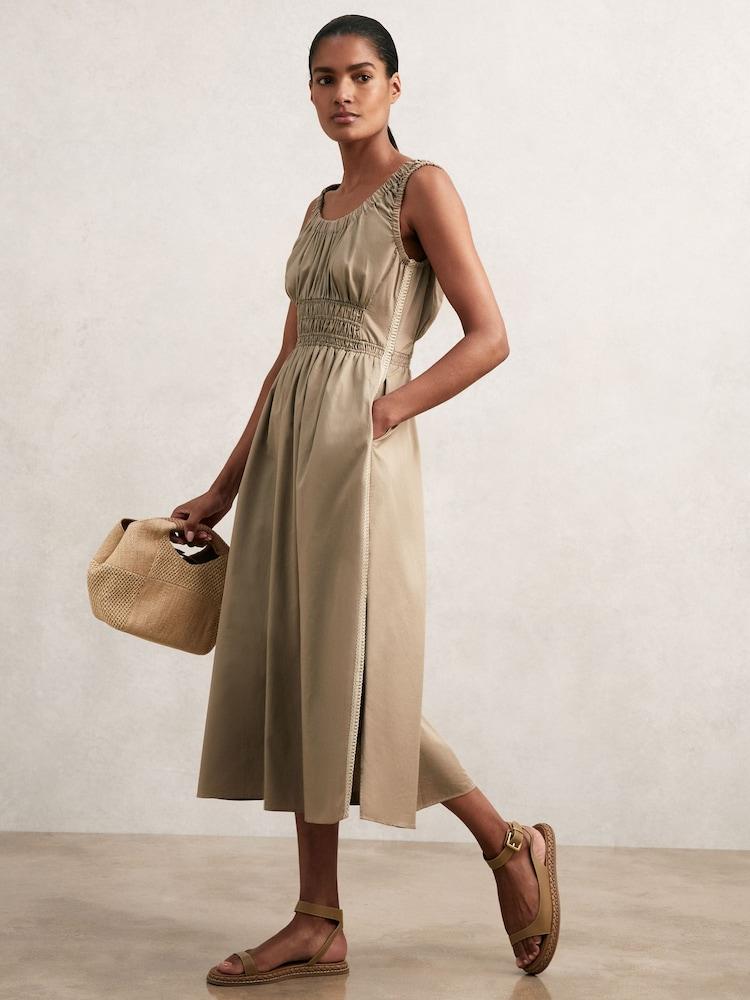 reiss Cotton Craft-Stitch Shirred Midi Dress in Khaki