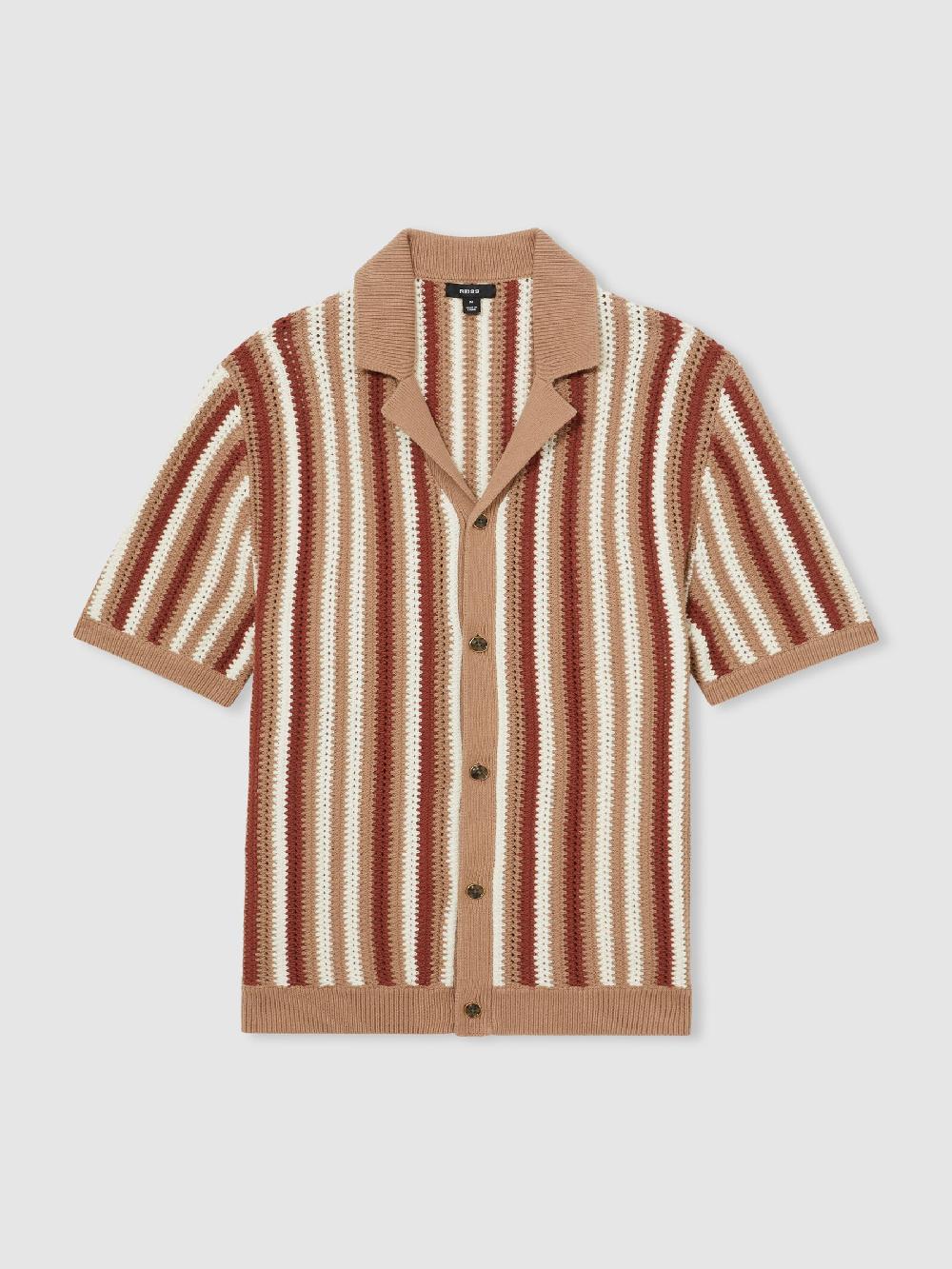 Reiss Cotton Crochet Stripe Cuban Shirt In Camel Multi