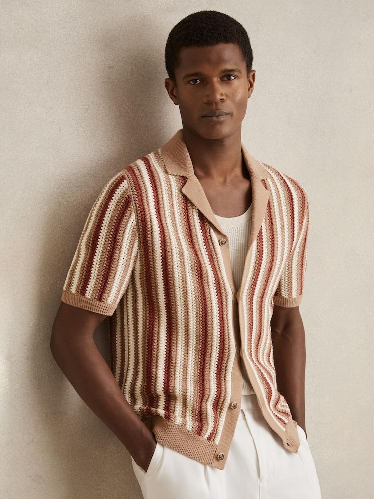 reiss Cotton Crochet Stripe Cuban Shirt in Camel Multi