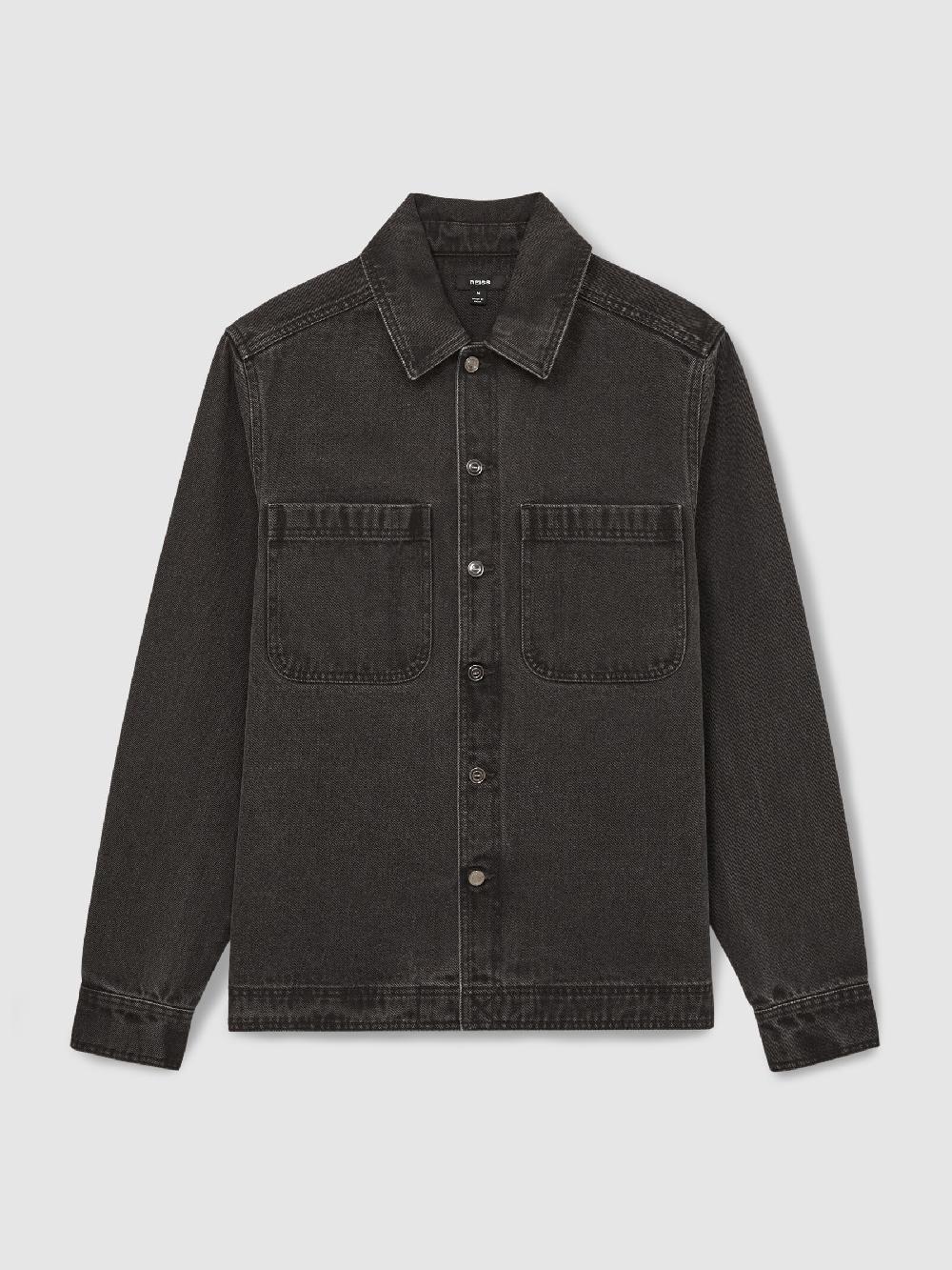 Reiss Cotton-Denim Button-Through Overshirt In Washed Black