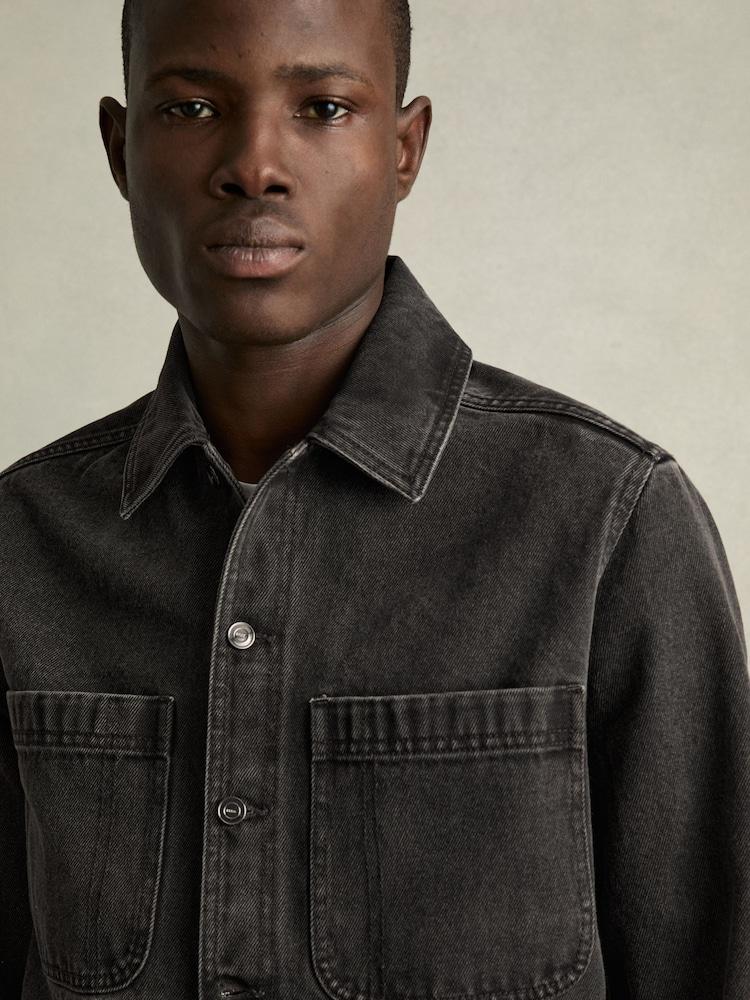 reiss Cotton-Denim Button-Through Overshirt in Washed Black