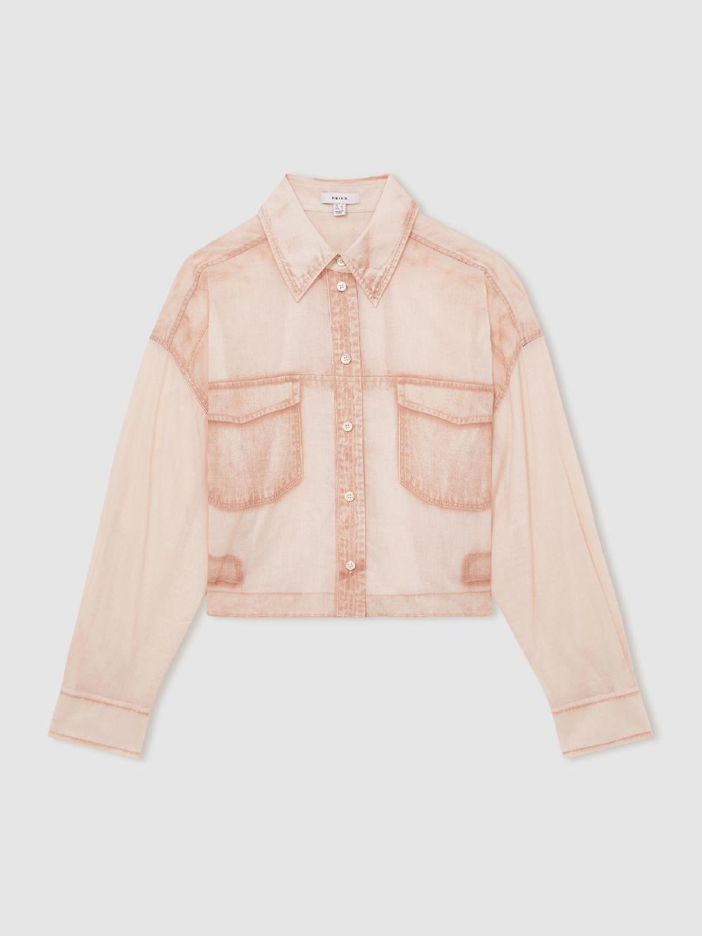 Reiss Cotton Denim-Print Cropped Shirt In Pale Pink