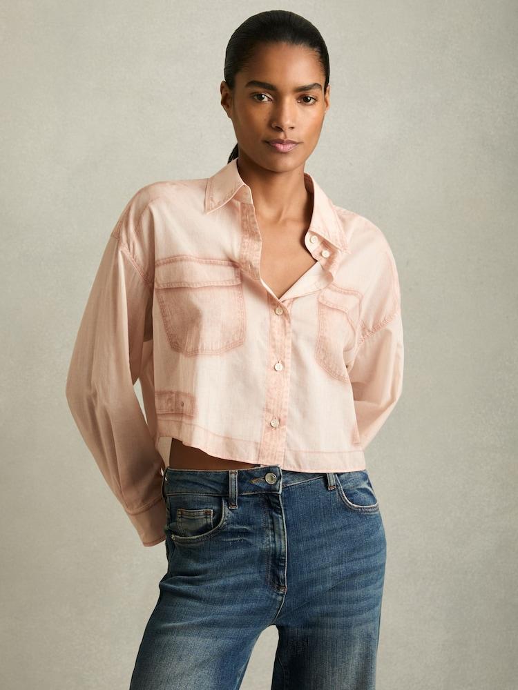 reiss Cotton Denim-Print Cropped Shirt in Pale Pink