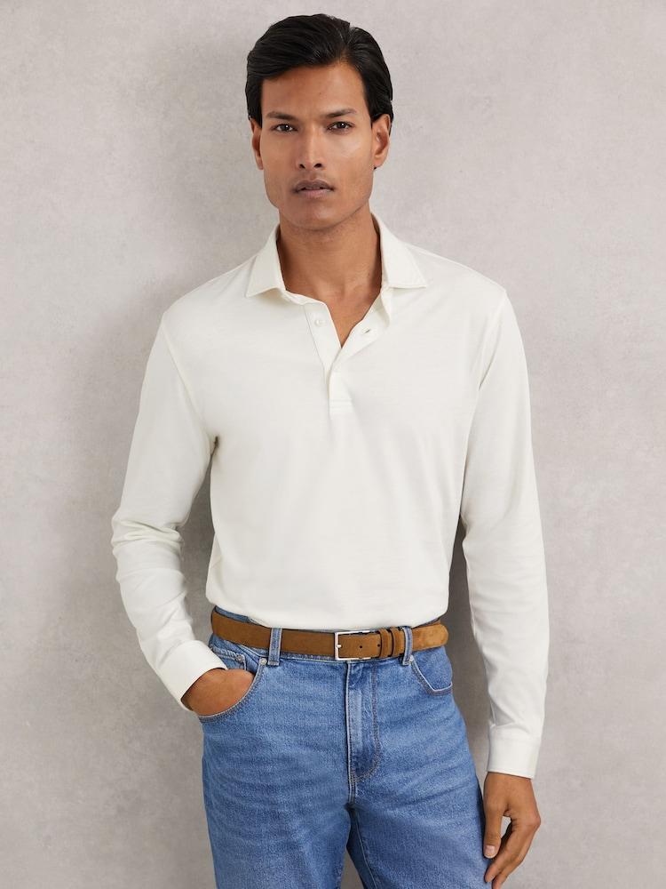 reiss Cotton-Jersey Long Sleeve Polo Shirt in White