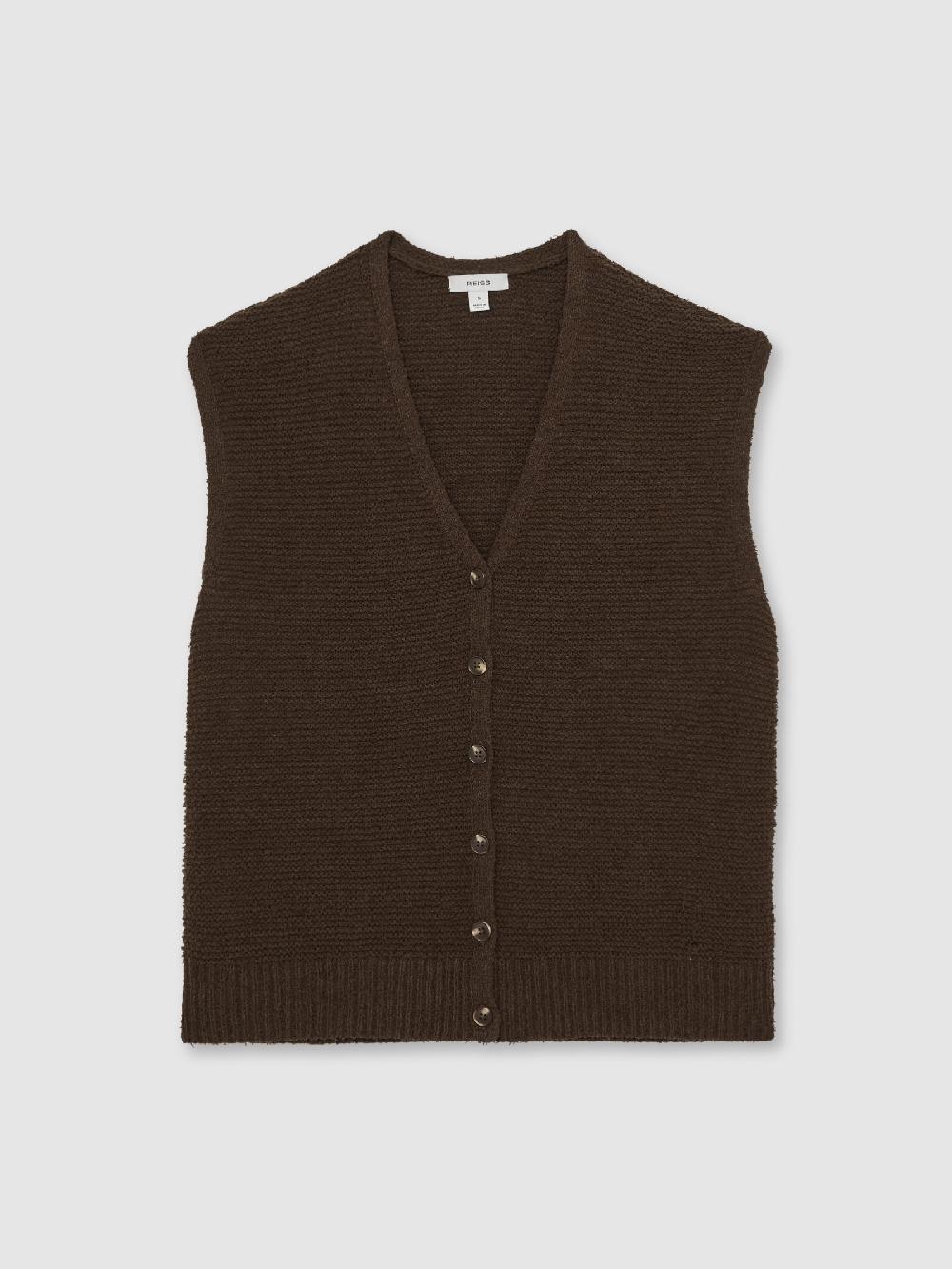 Reiss Cotton-Linen Button-Through Knit Top In Chocolate Brown