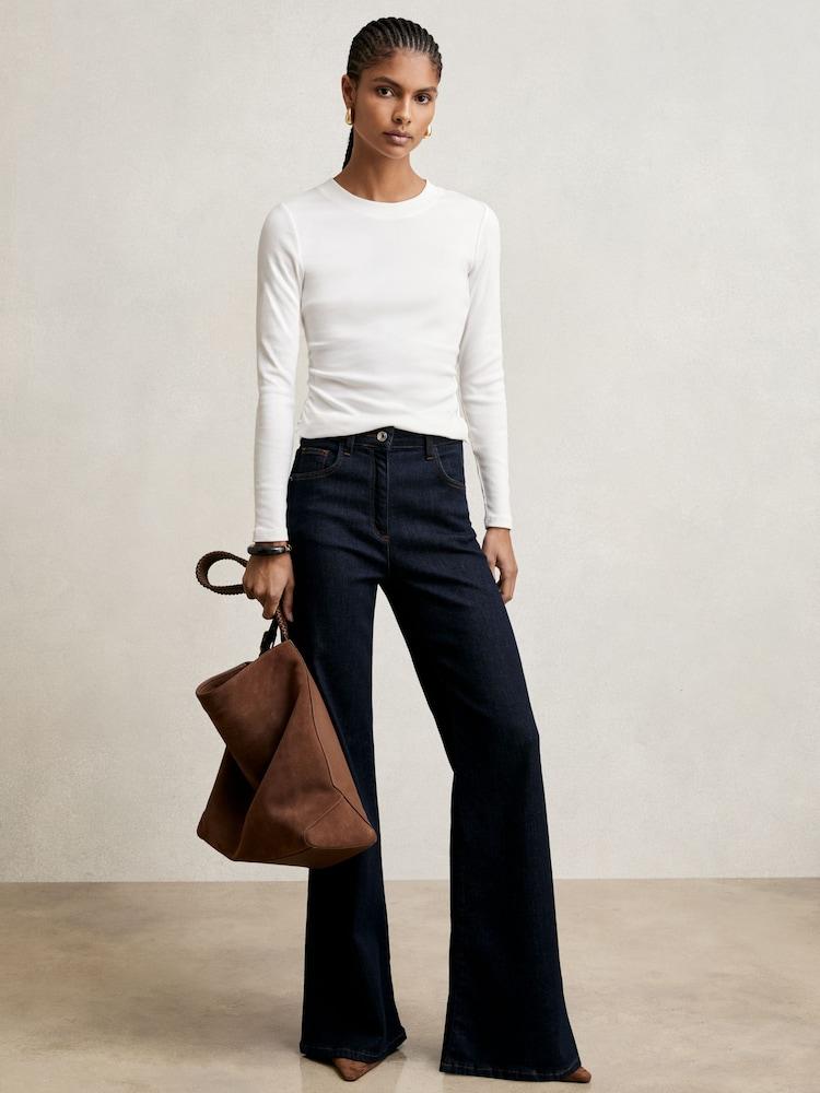 reiss Cotton Long-Sleeve Ruched T-Shirt with Stretch in White