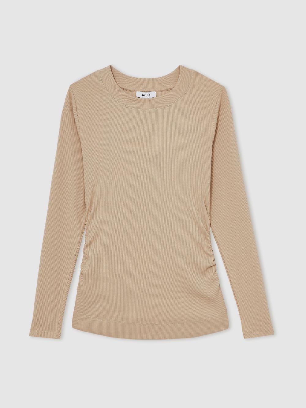 Reiss Cotton Long-Sleeve Ruched T-Shirt With Stretch In Camel