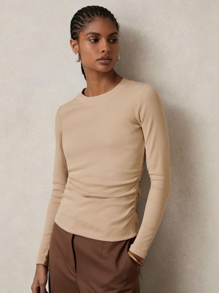 reiss Cotton Long-Sleeve Ruched T-Shirt with Stretch in Camel