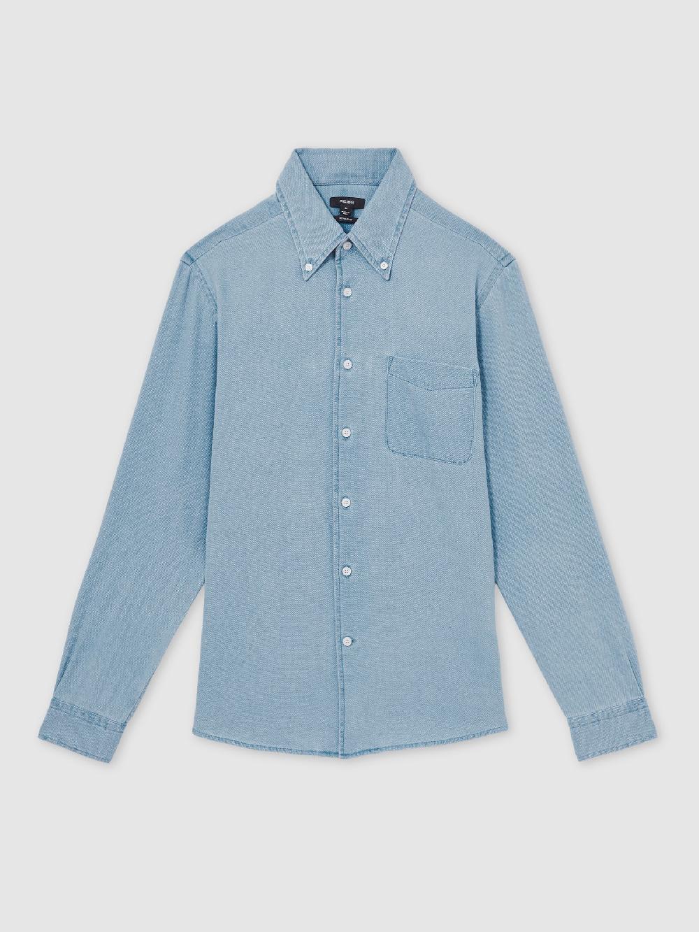 Reiss Cotton-Piqué Button-Down Chambray Shirt In Washed Blue