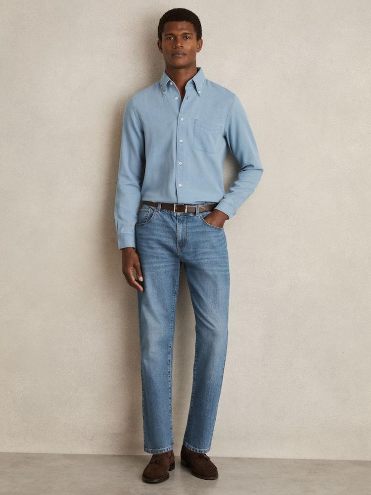 reiss Cotton-Piqué Button-Down Chambray Shirt in Washed Blue
