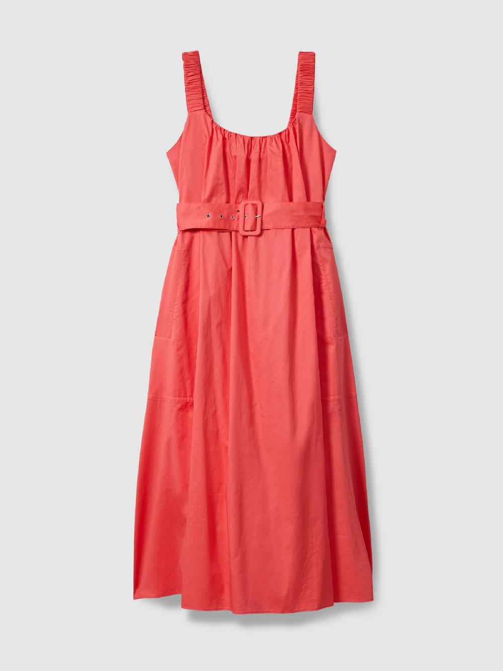 Reiss Cotton Ruched Strap Belted Midi Dress In Coral