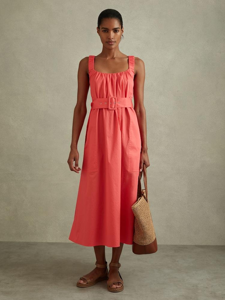 reiss Cotton Ruched Strap Belted Midi Dress in Coral
