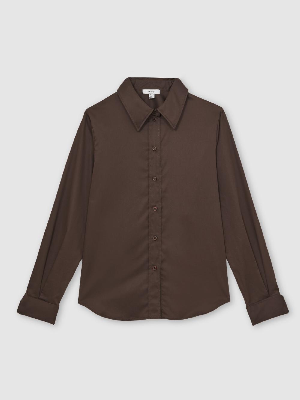 Reiss Cotton-Sateen Folded-Cuff Shirt In Chocolate Brown