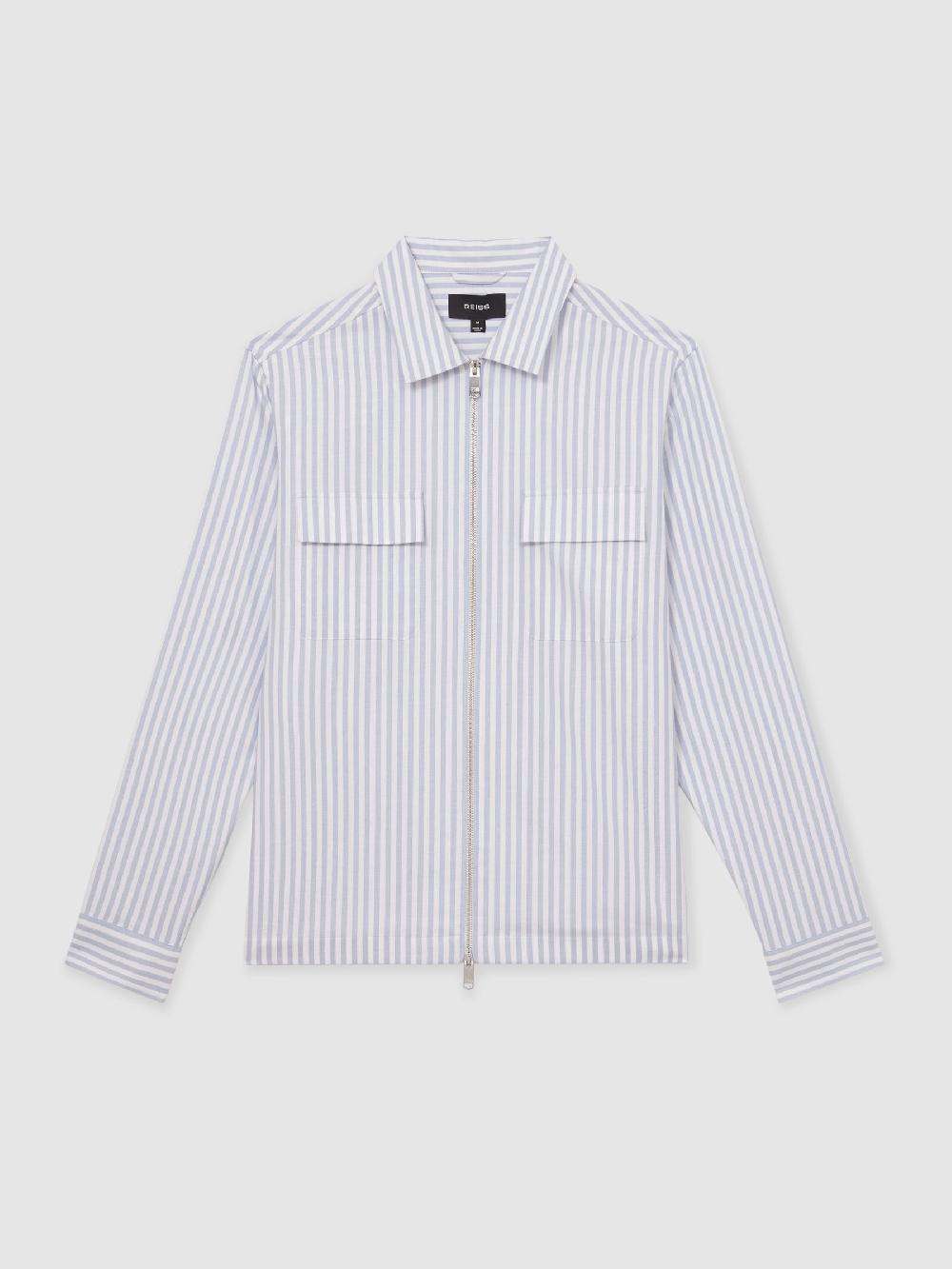 Reiss Cotton Stripe Zip-Through Shirt In White/Soft Blue