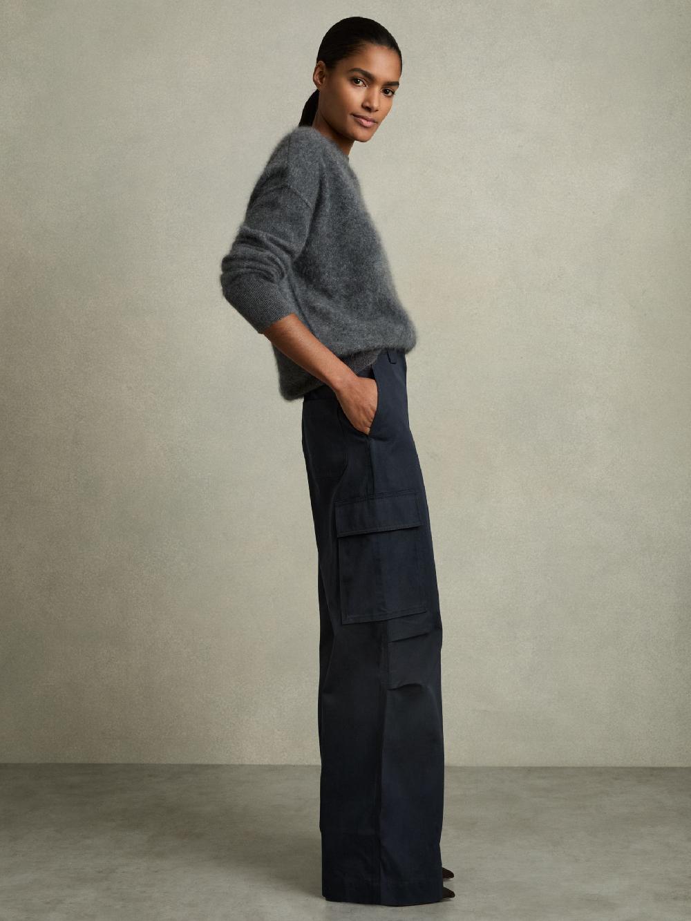 Reiss Cotton-Tencel Wide-Leg Combat Trousers In Navy