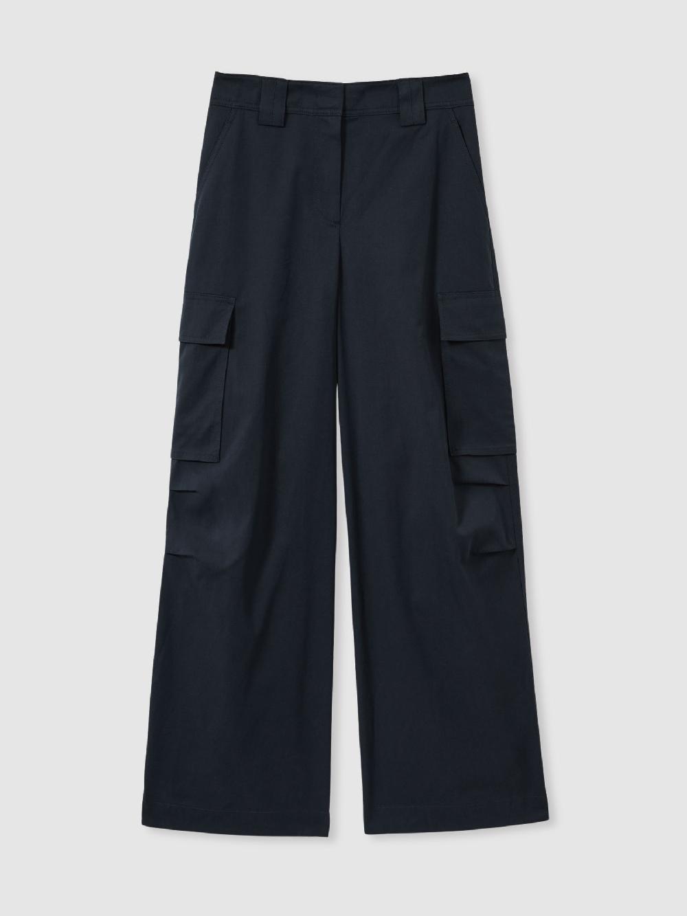Reiss Cotton-Tencel Wide-Leg Combat Trousers In Navy